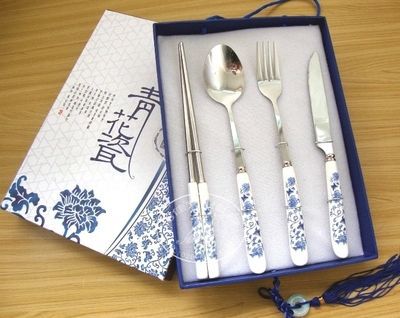 青花瓷餐具 刀叉勺筷 餐具礼品四件套 精美餐具 创意礼品 个性定制